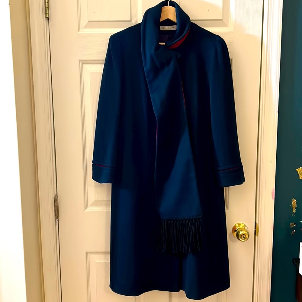 Vintage Navy Blue Wool Coat w Red Scarf